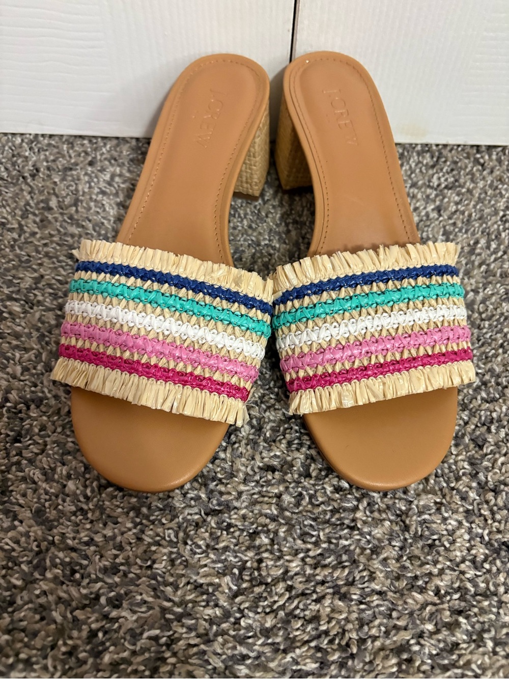 J. Crew Factory Tan Slide Sandals with Multicolor Raffia Straps